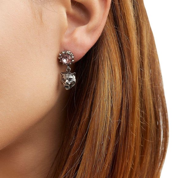 Gucci Crystal Stud Earrings with Feline Head Pink NEW IN BOX - Picture 4 of 4